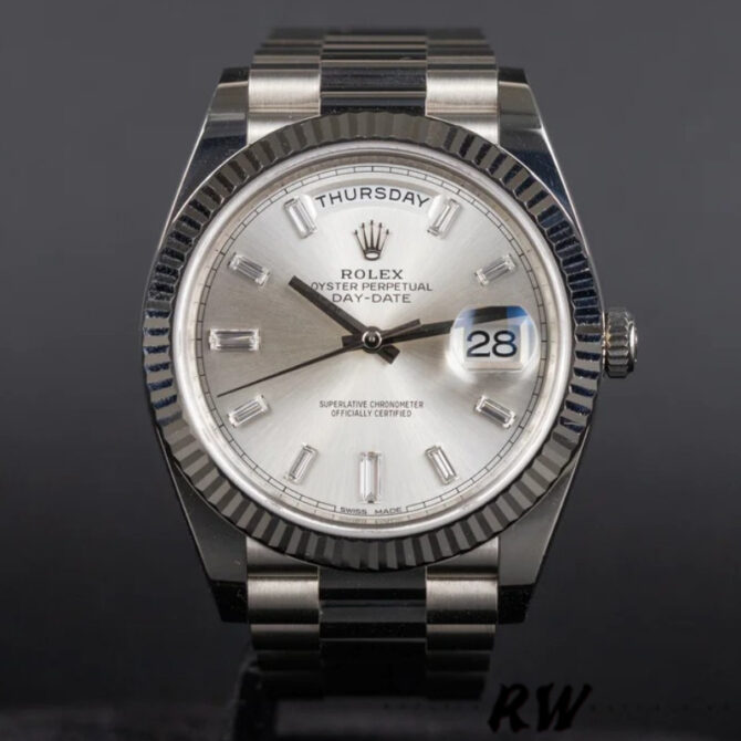 Replica Rolex Day-Date 228239 Silver Baguette Diamond Dial Fluted Bezel 40mm Mens Watch