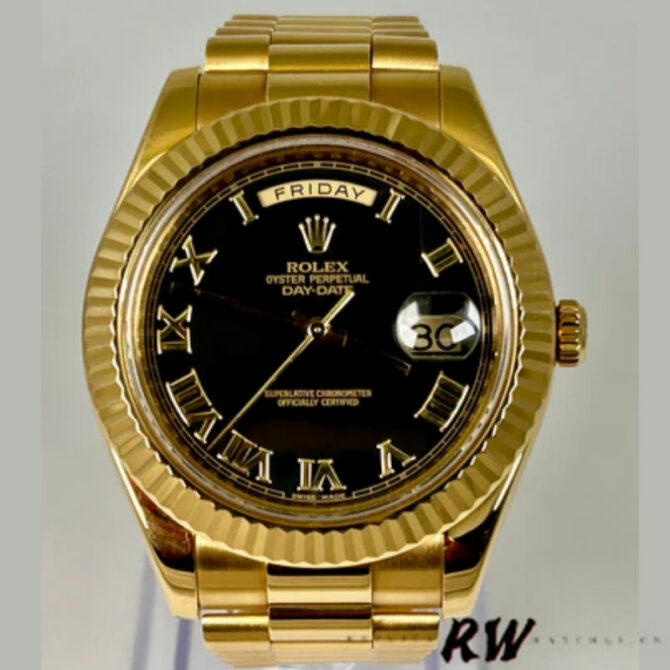 Replica Rolex Day-Date 218238 Black Roman Numeral Dial Yellow Gold 41MM Mens Watch