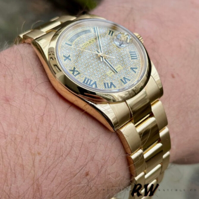 Replica Rolex Day-Date 118238 Yellow Gold Pave diamond dial 36mm Unisex Watch