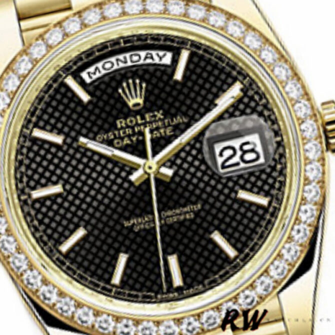 Replica Rolex Day-Date 228348RBR Black Diagonal Motif Dial Diamond Bezel 40mm Mens Watch
