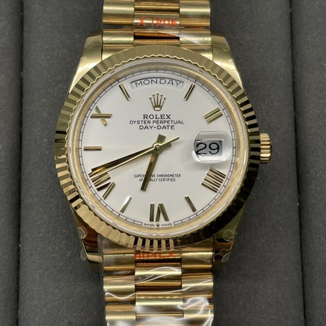 Replica Rolex Day-Date 228238 White Roman Dial Fluted Bezel 40mm Mens Watch
