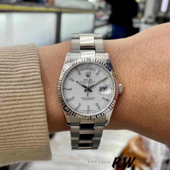Replica Rolex Day-Date 118239 White Gold White Roman Numeral Dial 36mm Unisex Watch