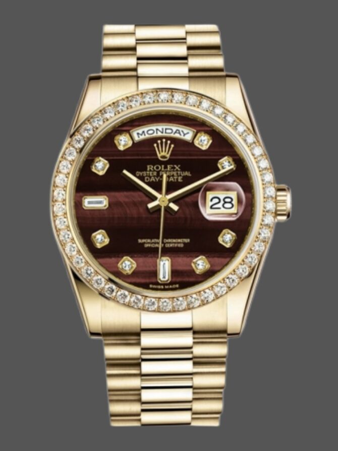 Replica Rolex Day-Date 118398 Bulls Eye Brown Diamond Dial 36MM Unisex Watch
