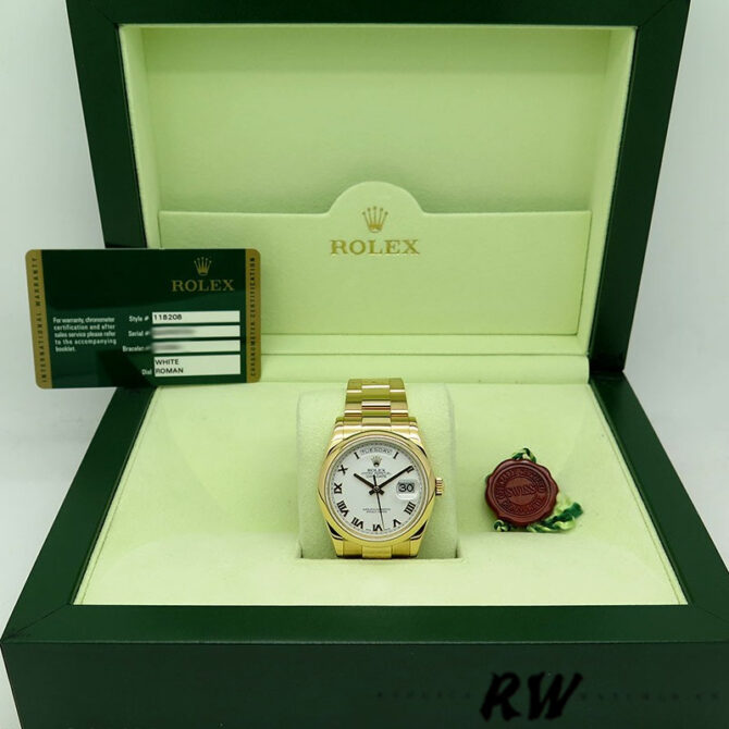 Replica Rolex Day-Date 118208 Yellow Gold White Dial Roman Numeral 36mm Unisex Watch
