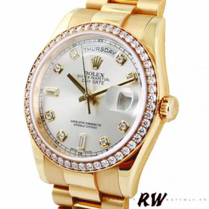 Replica Rolex Day-Date 118348 Silver Diamond Dial 36mm Unisex Watch
