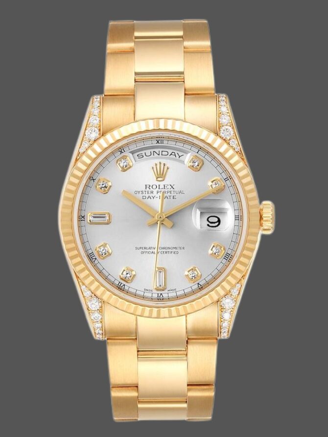 Replica Rolex Day-Date 118338 Yellow gold Silver dial 36mm Unisex Watch