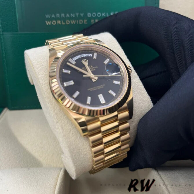 Replica Rolex Day-Date 228238 Black Diamond Dial Fluted Bezel 40mm Mens Watch