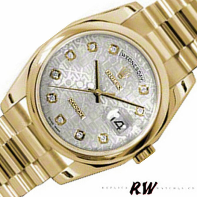 Replica Rolex Day-Date 118208 Silver Diamond Jubilee Dial Yellow Gold 36mm Unisex Watch