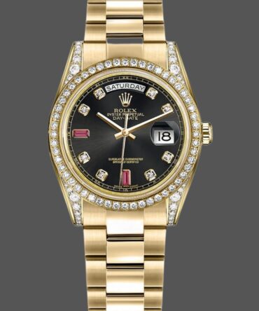 Replica Rolex Day-Date 118388 Black Diamond Rubies Dial 36mm Unisex Watch