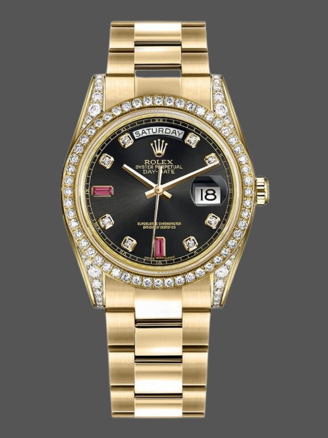 Replica Rolex Day-Date 118388 Black Diamond Rubies Dial 36mm Unisex Watch
