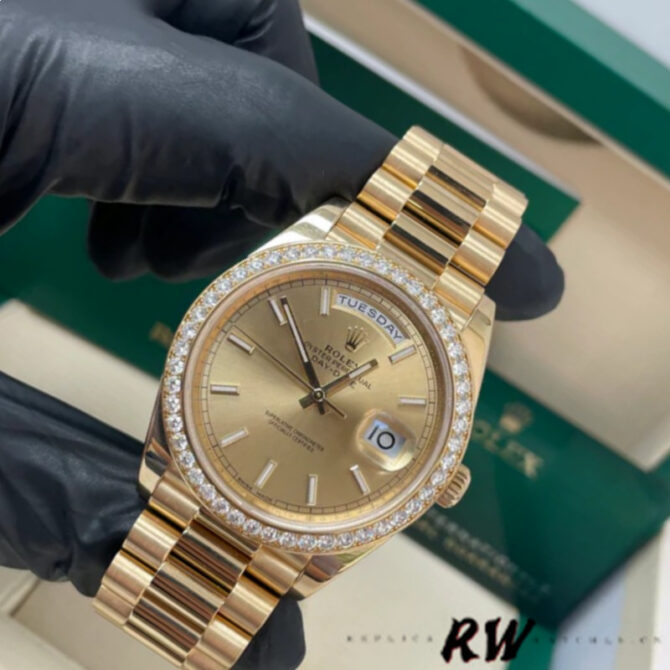 Replica Rolex Day-Date 228348RBR Black Diagonal Motif Dial Diamond Bezel 40mm Mens Watch