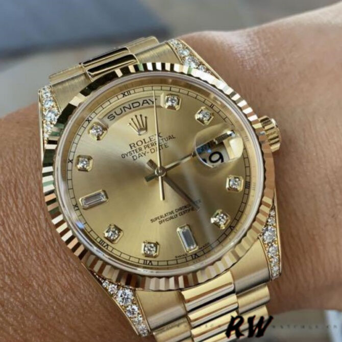 Replica Rolex Day-Date 118338 Yellow Gold Champagne Diamonds Dial 36mm Unisex Watch