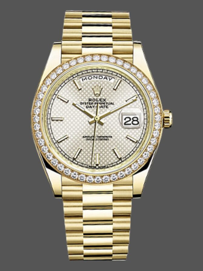 Replica Rolex Day-Date 228348RBR Black Diagonal Motif Dial Diamond Bezel 40mm Mens Watch