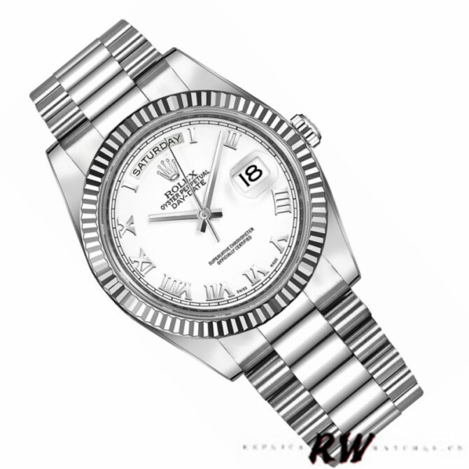 Replica Rolex Day-Date 218239 White Roman Numerals Dial White Gold 41MM Mens Watch