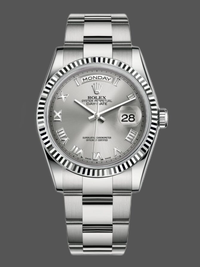 Replica Rolex Day-Date 118338 Yellow gold Silver dial 36mm Unisex Watch