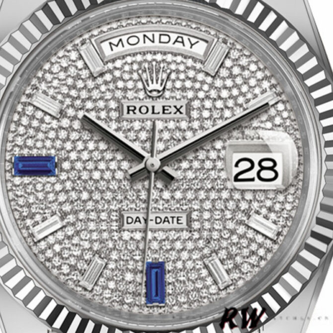 Replica Rolex Day-Date 228239 Diamond Paved Dial Fluted Bezel 40mm Mens Watch