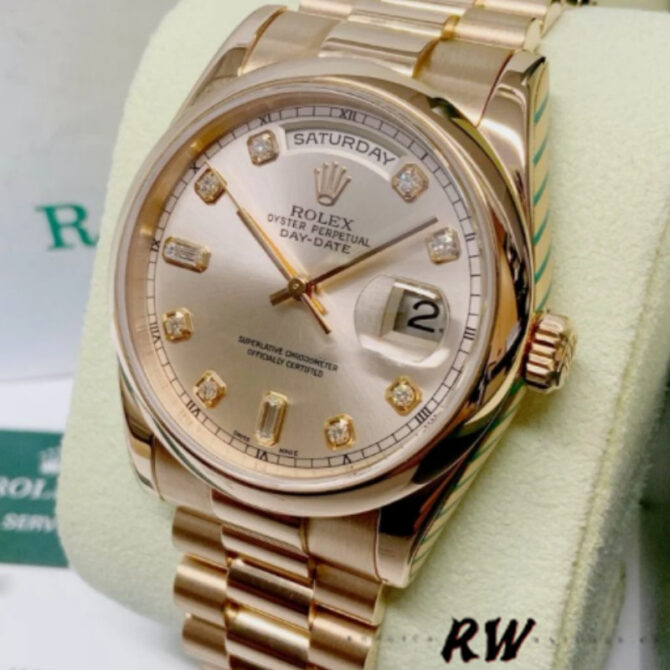 Replica Rolex Day-Date 118205 Rose Gold Champagne Diamond Dial 36mm Unisex Watch