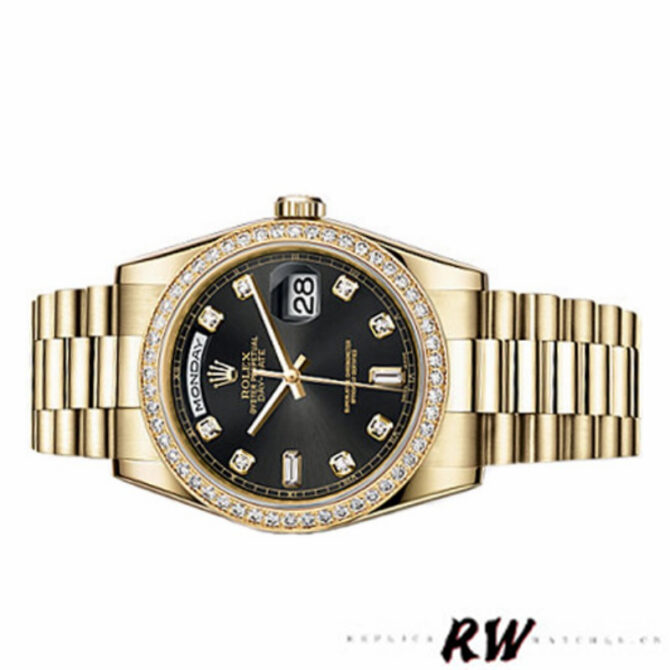 Replica Rolex Day Date 118348 Yellow Gold Black Diamond Dial 36mm Unisex Watch