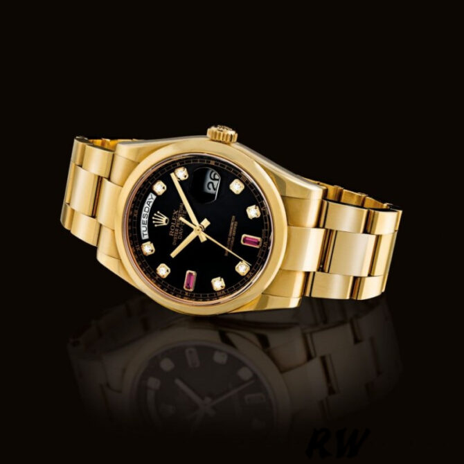 Replica Rolex Day-Date 118208 Black Diamond Dial Yellow Gold case 36mm Unisex Watch