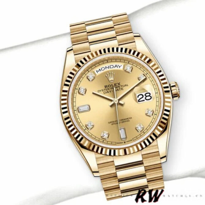 Replica Rolex Day-Date 128238 0008 Fluted Bezel Champagne Diamond Dial 36MM Unisex Watch