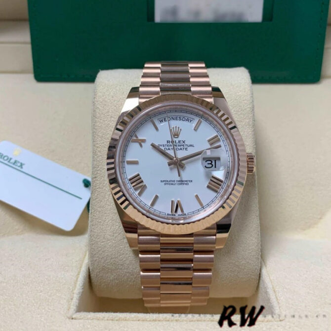 Replica Rolex Day-Date 228235 White Roman Numeral Dial Fluted Bezel 40mm Mens Watch
