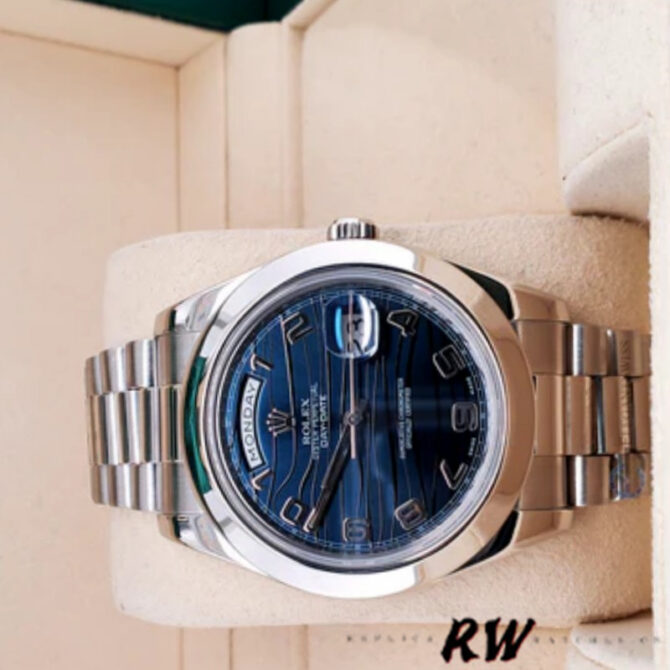 Replica Rolex Day-Date 218206 Wave Pattern Blue Dial Platinum 41MM Mens Watch