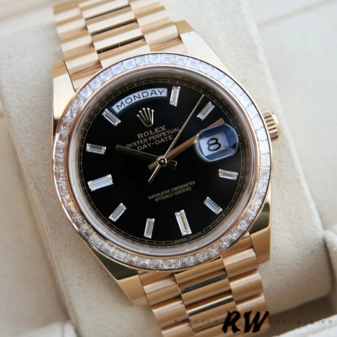 Replica Rolex Day-Date 228348RBR Black Diagonal Motif Dial Diamond Bezel 40mm Mens Watch