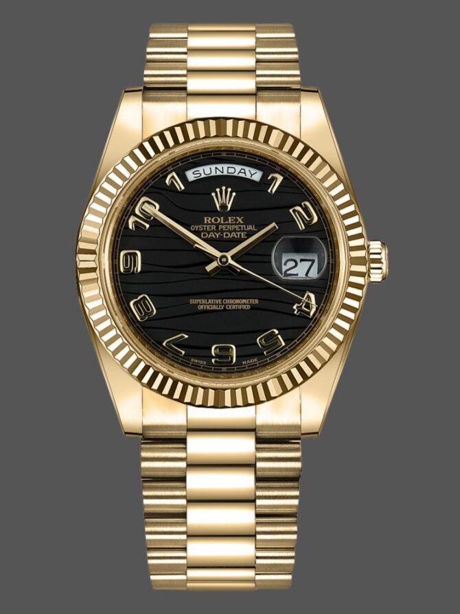 Replica Rolex Day-Date 218238 Wave Black Dial Yellow Gold 41MM Mens Watch