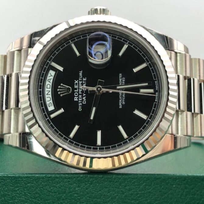 Replica Rolex Day-Date 228239 Black Index Dial Fluted Bezel 40mm Mens Watch