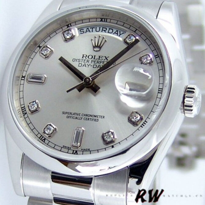 Replica Rolex Day-Date 118206 Silver Diamond Dial Platinum 36mm Unisex Watch