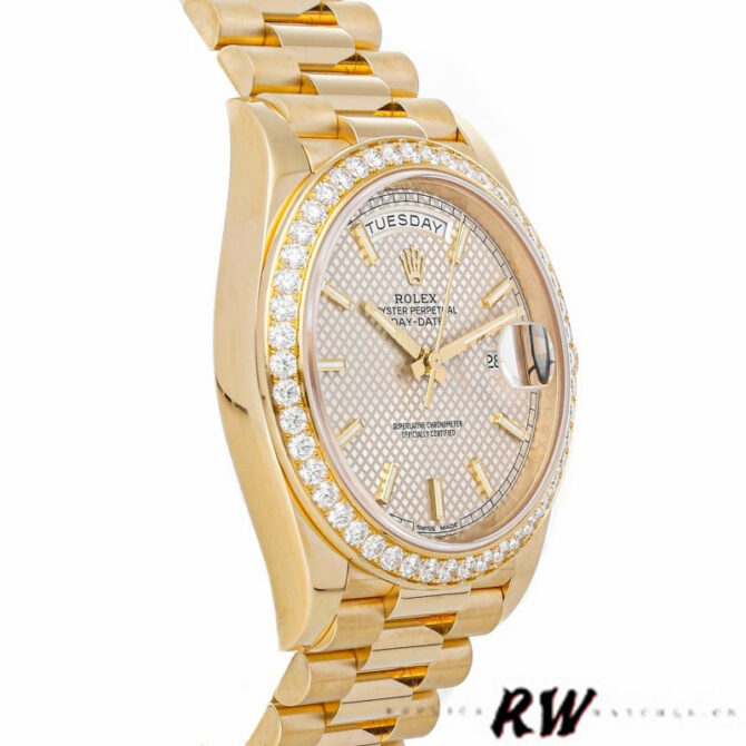 Replica Rolex Day-Date 228348RBR Black Diagonal Motif Dial Diamond Bezel 40mm Mens Watch