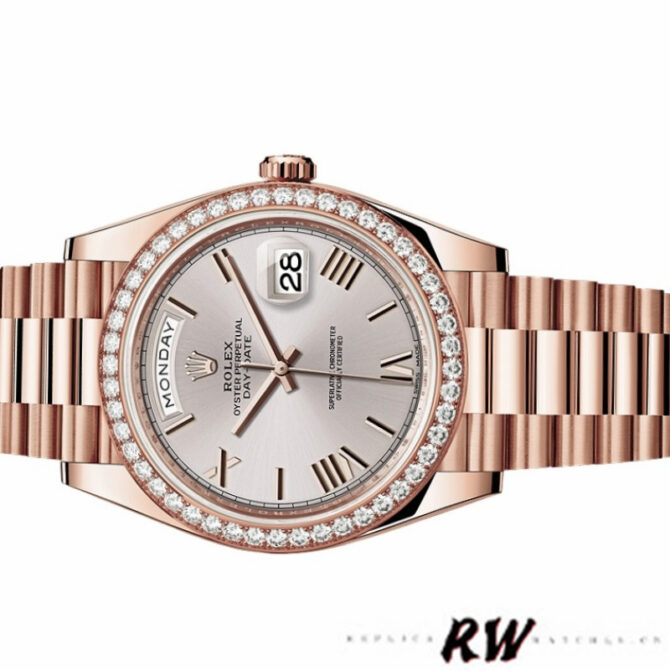 Replica Rolex Day-Date 228239 Diamond Paved Dial Fluted Bezel 40mm Mens Watch