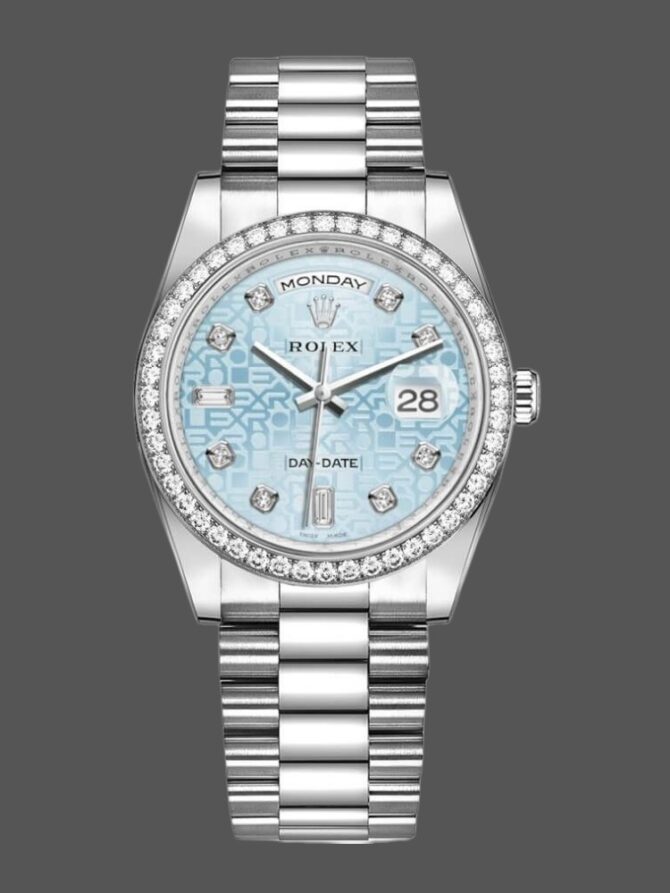 Replica Rolex Day Date 118346 Platinum Diamond Bezel Meteorite Dial 36mm Unisex Watch