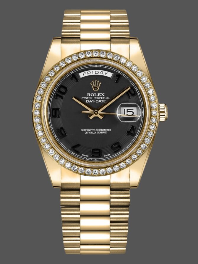 Replica Rolex Day-Date 218238 Wave Black Dial Yellow Gold 41MM Mens Watch
