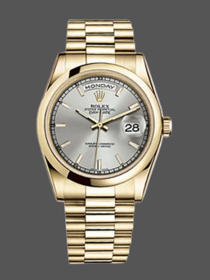 Replica Rolex Day-Date 118208 Silver Dial Domed Bezel 36mm Unisex Watch