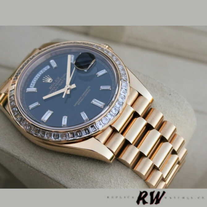Replica Rolex Day-Date 228348RBR Black Diagonal Motif Dial Diamond Bezel 40mm Mens Watch