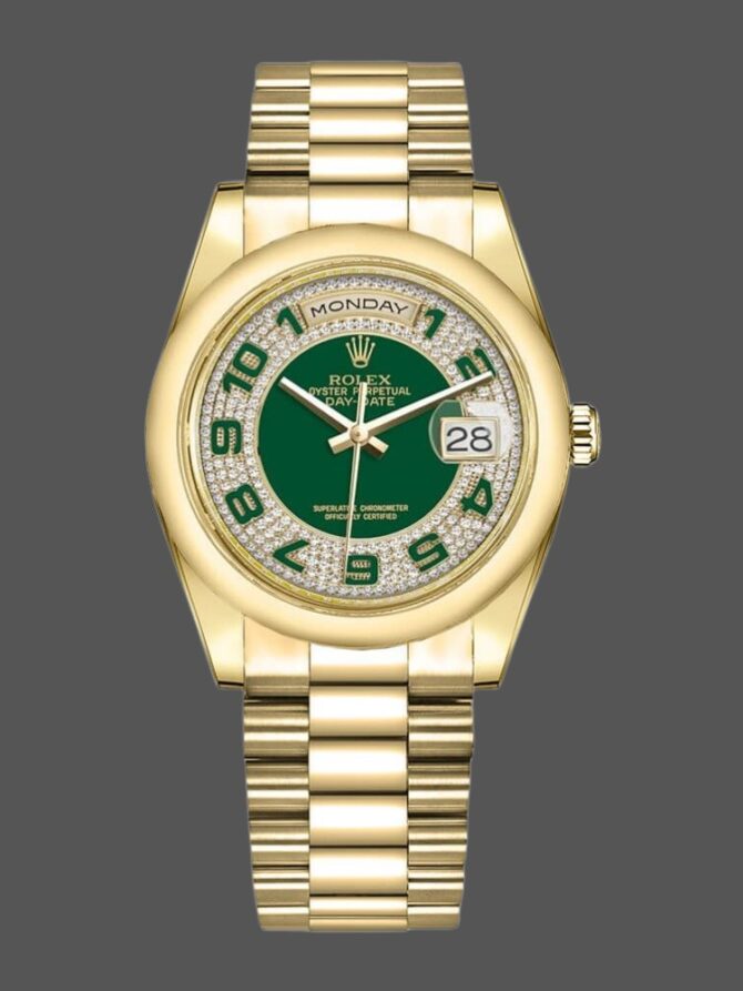 Replica Rolex Day-Date 118208 Yellow Gold Green Diamond Paved Arabic Dial 36mm Unisex Watch