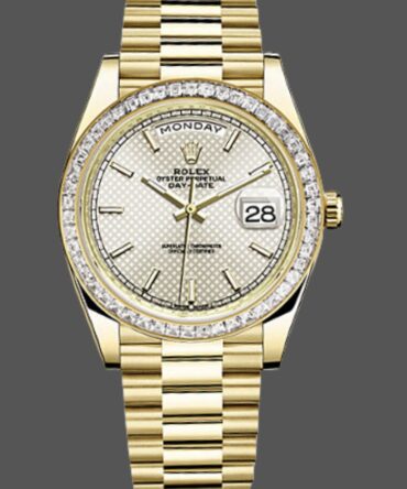 Replica Rolex Day-Date 228398TBR Silver Diagonal Motif Dial Diamond Bezel 40mm Mens Watch