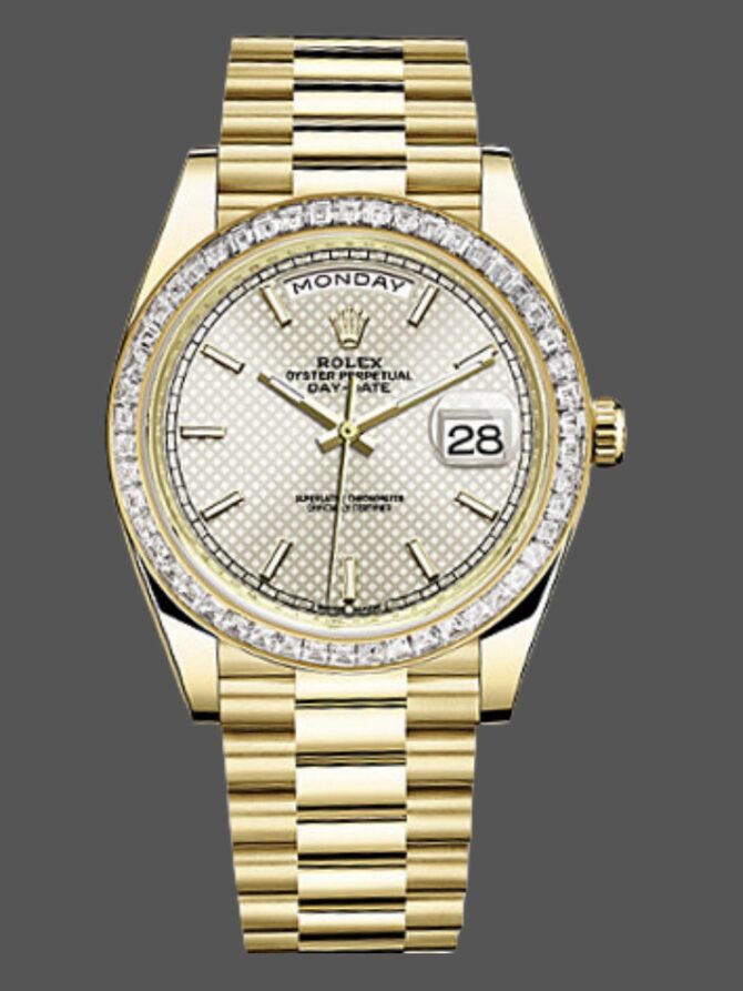 Replica Rolex Day-Date 228398TBR Silver Diagonal Motif Dial Diamond Bezel 40mm Mens Watch