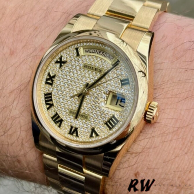 Replica Rolex Day-Date 118238 Yellow Gold Pave diamond dial 36mm Unisex Watch