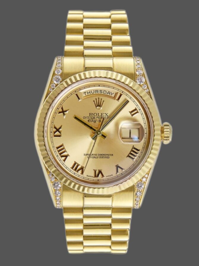Replica Rolex Day-Date 118338 Champagne Roman Dial Diamond Bezel 36MM Unisex Watch