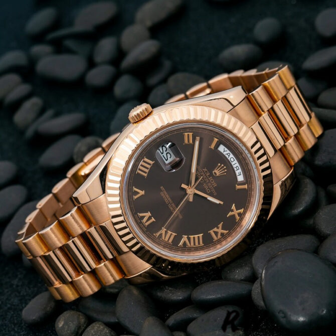 Replica Rolex Day-Date 218235 Chocolate Brown Dial Rose Gold 41MM Mens Watch