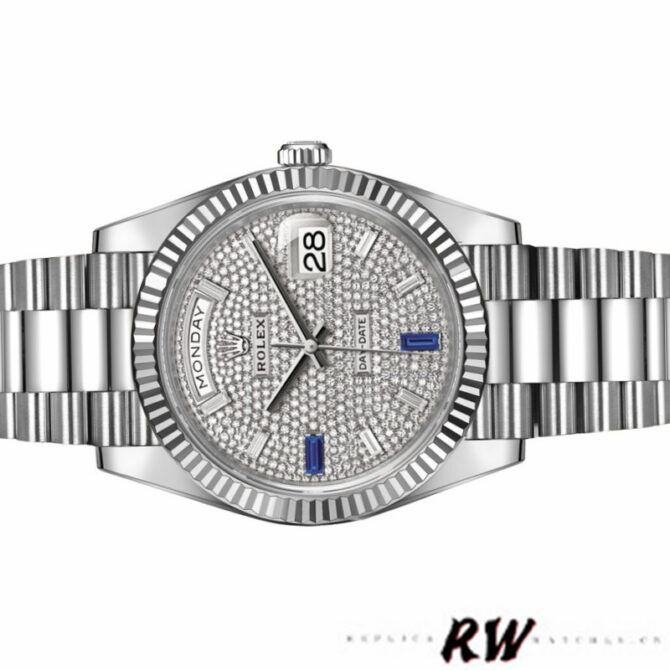 Replica Rolex Day-Date 228239 Diamond Paved Dial Fluted Bezel 40mm Mens Watch