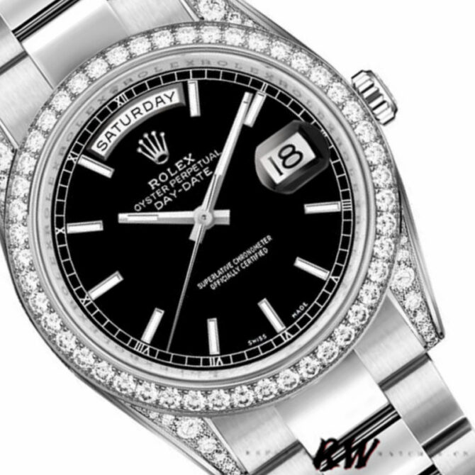 Replica Rolex Day-Date 118389 Diamond Bezel Black Index Dial 36MM Unisex Watch
