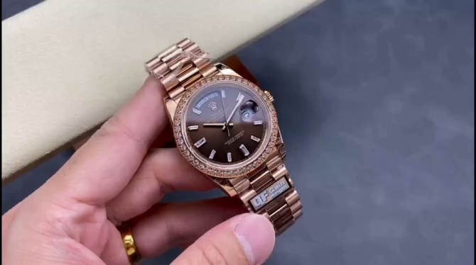 Replica Rolex Day-Date 228345RBR Chocolate Brown Diamond Dial Diamond Bezel 40mm Mens Watch