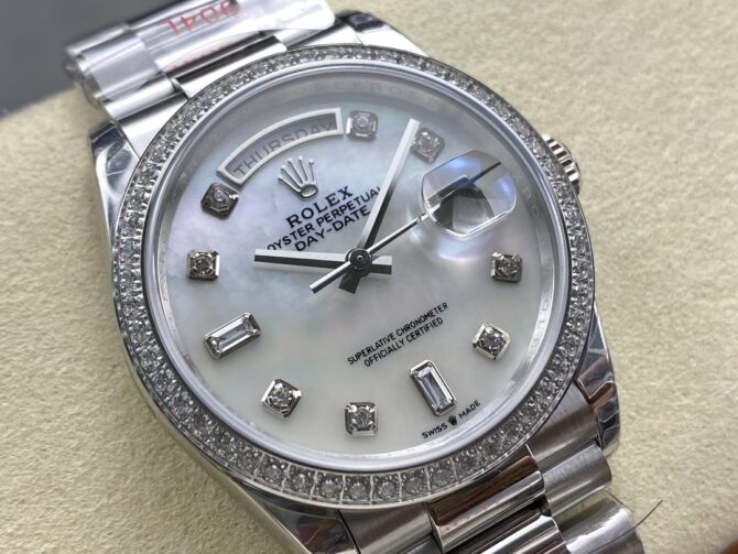 Replica Rolex Day Date 36 Mother of Pearl Dial Diamond Bezel Platinum President m128396tbr 0005