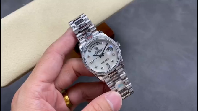 Replica Rolex Day Date 36 Mother of Pearl Dial Diamond Bezel Platinum President m128396tbr 0005
