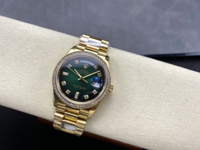 Replica Rolex Day-Date 128348RBR Green Ombre Diamond Dial Yellow Gold 36MM Unisex Watch