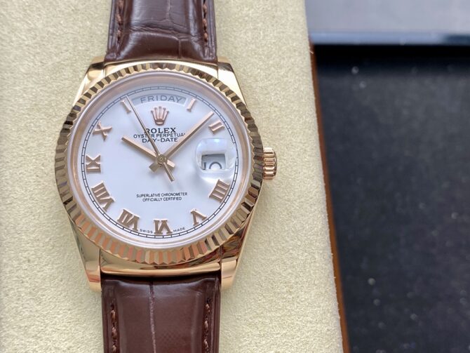 Replica Rolex Day Date 36 White Dial 118135 0064 Brown Leather Watch
