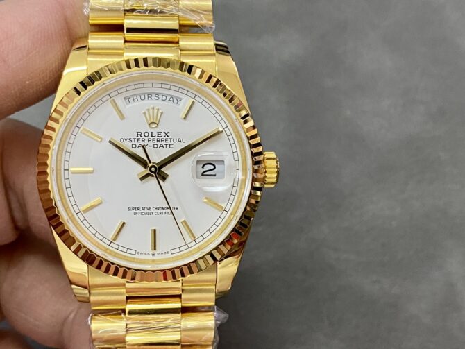 Replica Rolex Day-Date 36MM 128238 0081 Fluted Bezel White Index Dial Unisex Watch